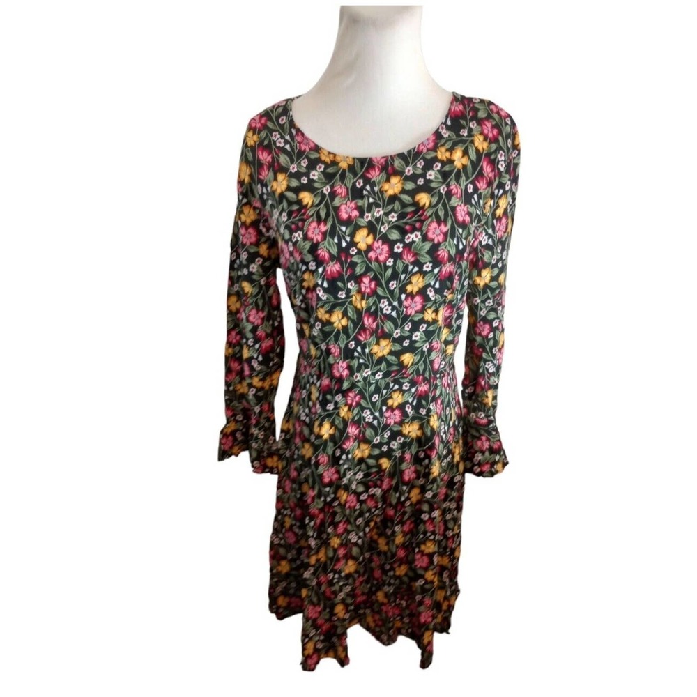 Old Navy Dress Women Sz M Floral Bell Sleeve Smocked Sides Fit Flare Flowy Boho